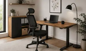 Nowoczesne małe biuro w domu aranżacje: regulowane biurko, czarne krzesło, laptop, lampa i rośliny.