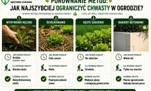 Porównanie metod walki z chwastami w ogrodzie: ręczne wyrywanie, ściółkowanie, gęste sadzenie i bariery betonowe.