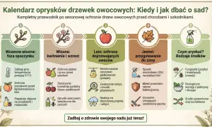 Kalendarz oprysków drzew owocowych: od wczesnej wiosny do jesieni. Dowiedz się, kiedy pryskać, by chronić sad przed chorobami, np. parchem jabłoni.