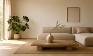 Salon w stylu japandi: beżowa sofa, drewniany stolik z wazonem, duża monstera i obraz na ścianie.