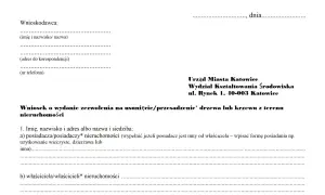 Wniosek o zezwolenie na wycinkę drzew lub krzewów z terenu nieruchomości. Formularz do wypełnienia przez wnioskodawcę.