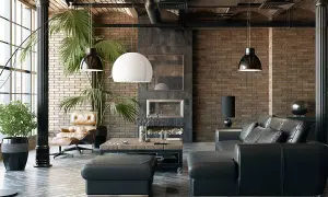 Nowoczesny salon w stylu industrialnym z ceglaną ścianą, czarną skórzaną kanapą, fotelem i drewnianym stolikiem kawowym.