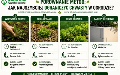Porównanie metod walki z chwastami w ogrodzie: ręczne wyrywanie, ściółkowanie, gęste sadzenie i bariery betonowe.