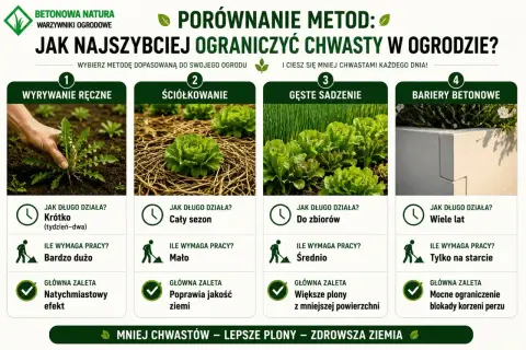 Porównanie metod walki z chwastami w ogrodzie: ręczne wyrywanie, ściółkowanie, gęste sadzenie i bariery betonowe.