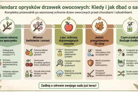 Kalendarz oprysków drzew owocowych: od wczesnej wiosny do jesieni. Dowiedz się, kiedy pryskać, by chronić sad przed chorobami, np. parchem jabłoni.