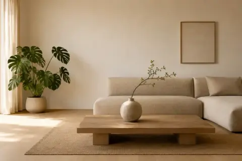 Salon w stylu japandi: beżowa sofa, drewniany stolik z wazonem, duża monstera i obraz na ścianie.