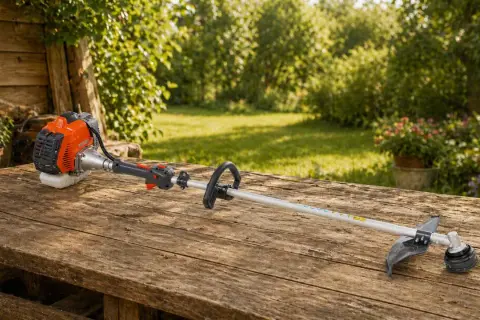 Pomarańczowy silnik do kosiarek spalinowych leży na drewnianym stole w ogrodzie, gotowy do pracy.