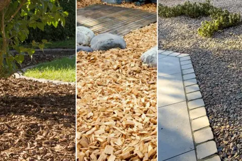 Trzy ujęcia zrębków w ogrodzie: ciemna kora pod drzewem, jasne zrębki z kamieniami i drewnianym mostkiem, oraz żwir z roślinami przy ścieżce.