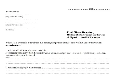 Wniosek o zezwolenie na wycinkę drzew lub krzewów z terenu nieruchomości. Formularz do wypełnienia przez wnioskodawcę.