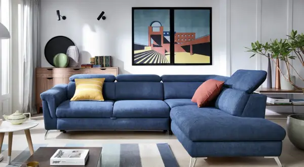 Niebieska, narożna sofa z poduszkami to idealny wypoczynek do salonu. Nowoczesny design i komfort zachwycą każdego.