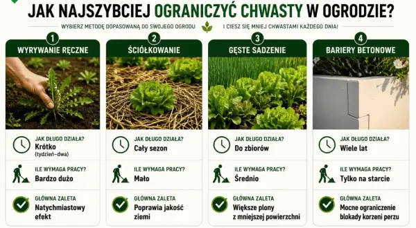 Porównanie metod walki z chwastami w ogrodzie: ręczne wyrywanie, ściółkowanie, gęste sadzenie i bariery betonowe.