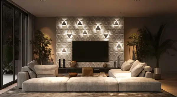 Nowoczesna ściana w salonie z geometrycznym wzorem i podświetleniem, przed którą stoi duża, wygodna sofa.