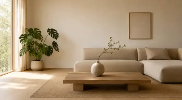 Salon w stylu japandi: beżowa sofa, drewniany stolik z wazonem, duża monstera i obraz na ścianie.