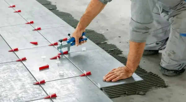 Instalator pokazuje, jak kłaść płytki na podłodze, używając poziomicy i klina do precyzyjnego układania.