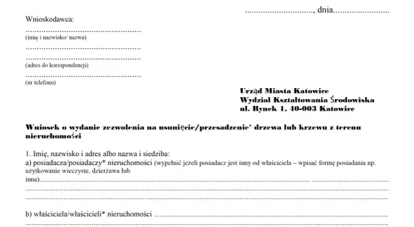 Wniosek o zezwolenie na wycinkę drzew lub krzewów z terenu nieruchomości. Formularz do wypełnienia przez wnioskodawcę.
