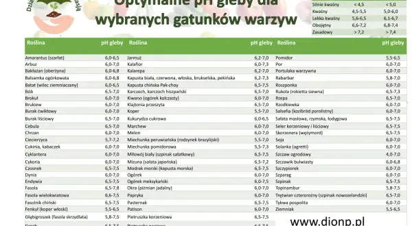 Tabela optymalnego pH gleby dla warzyw. Lekko kwaśna ziemia (pH 6,1-6,7) jest idealna dla wielu roślin, np. cebuli, marchwi czy pomidorów.