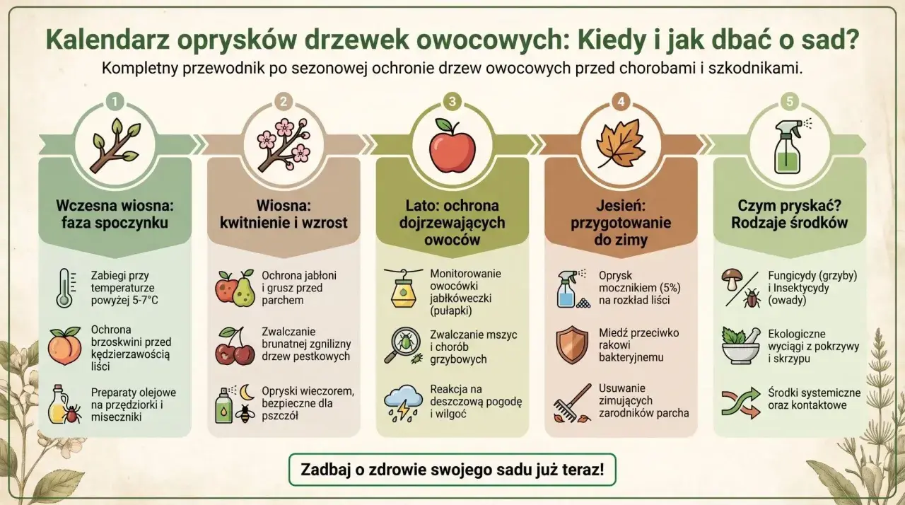 Kalendarz oprysków drzew owocowych: od wczesnej wiosny do jesieni. Dowiedz się, kiedy pryskać, by chronić sad przed chorobami, np. parchem jabłoni.