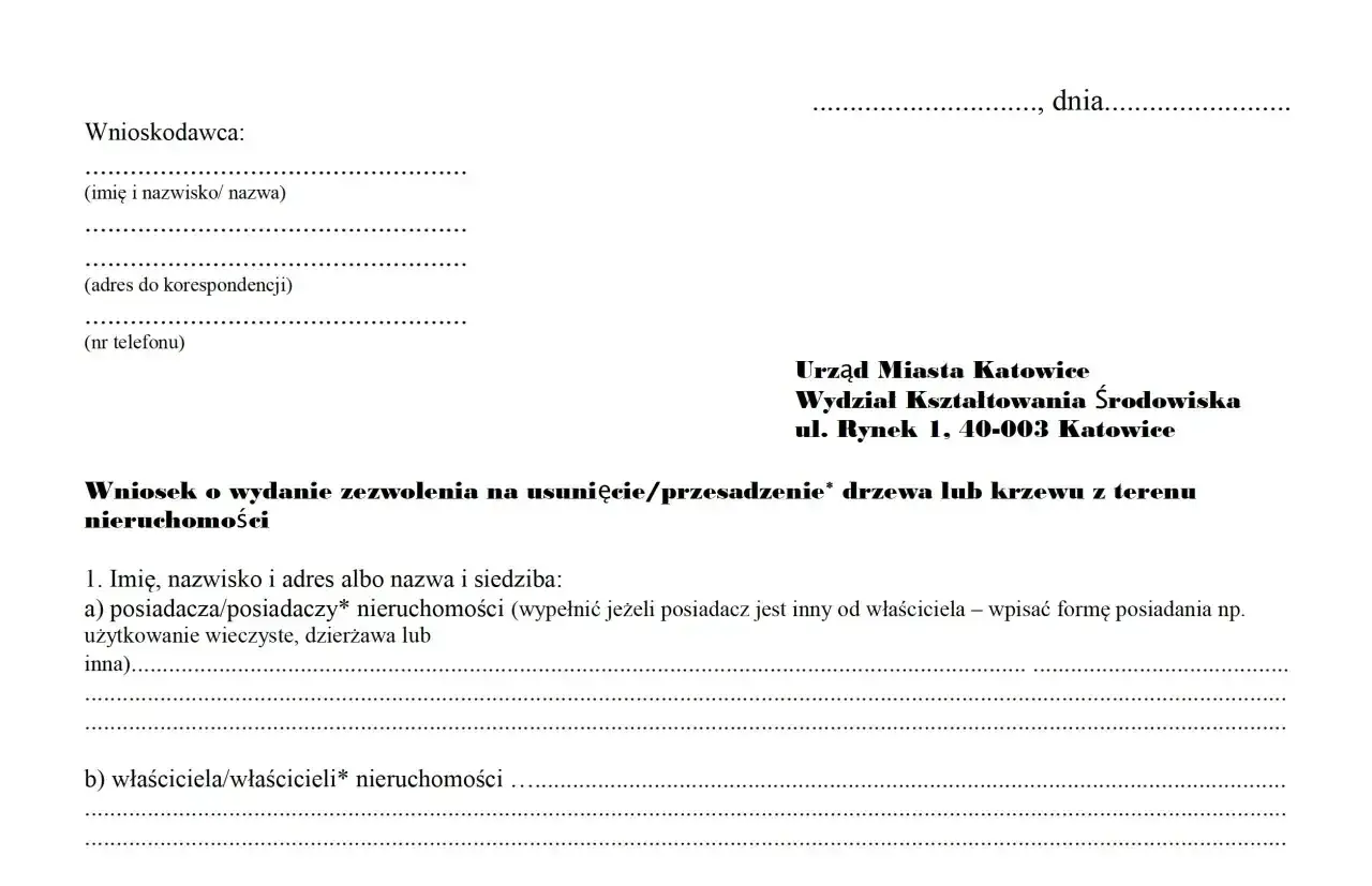 Wniosek o zezwolenie na wycinkę drzew lub krzewów z terenu nieruchomości. Formularz do wypełnienia przez wnioskodawcę.