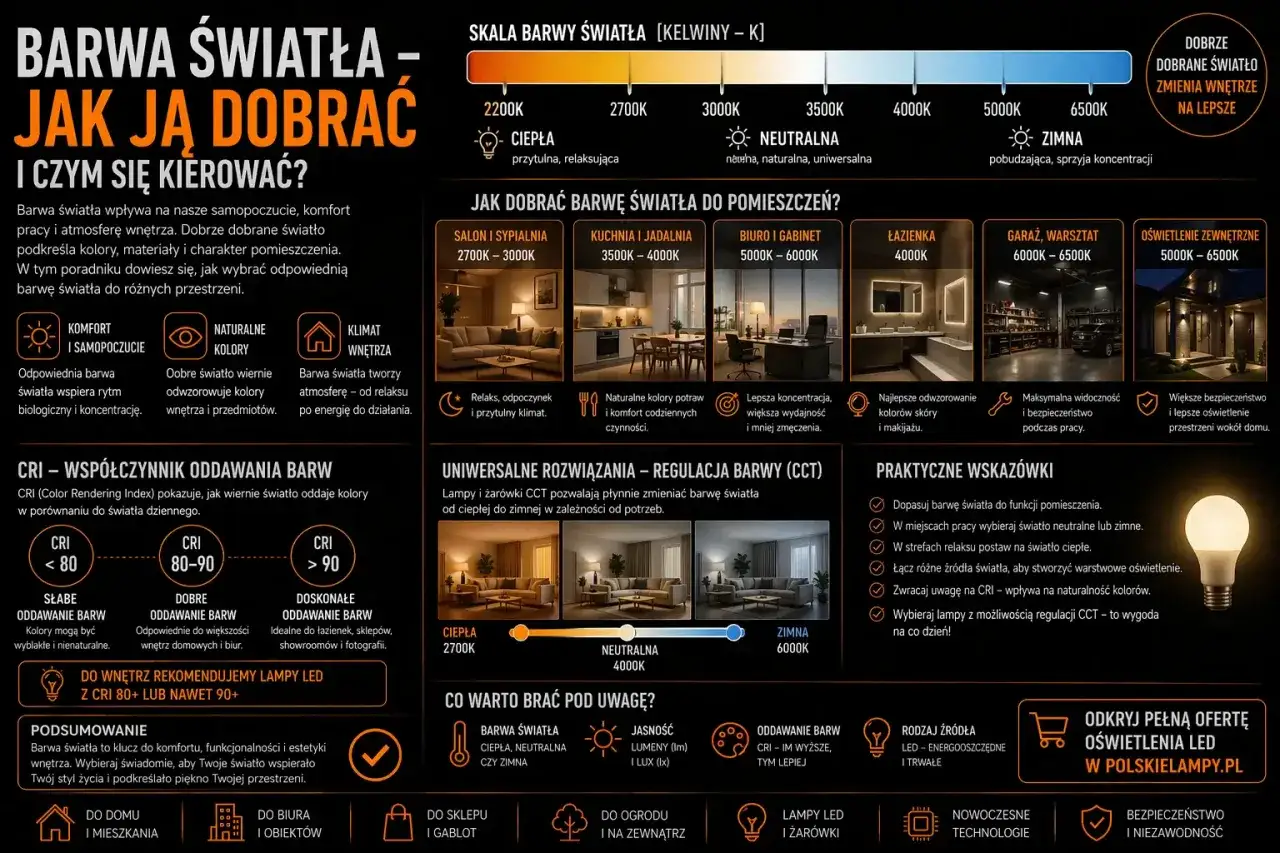 Skala barwy światła od ciepłej do zimnej, z przykładami zastosowań i wskazówkami, jak dobrać barwę światła do wnętrza.