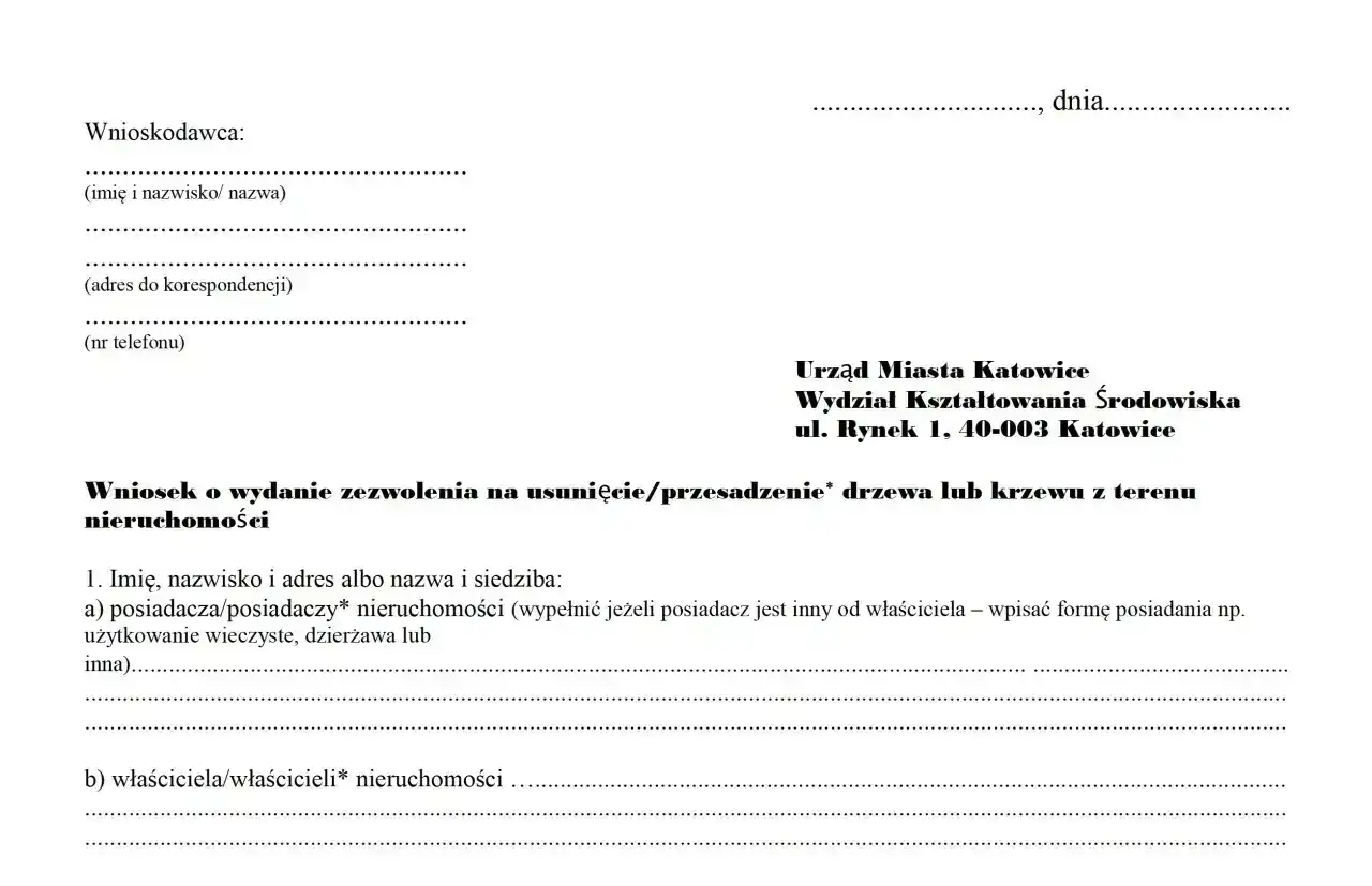 Formularz wniosku o zezwolenie na wycinkę drzew i krzewów z terenu nieruchomości.