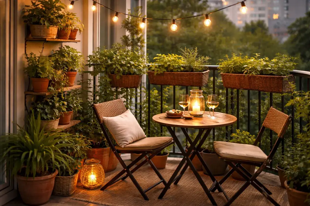 Jak urządzić mały wąski balkon w bloku inspiracje: przytulny kącik z roślinami, stolikiem i krzesłami, oświetlony girlandą i lampionami.