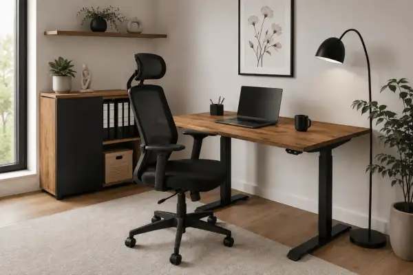 Nowoczesne małe biuro w domu aranżacje: regulowane biurko, czarne krzesło, laptop, lampa i rośliny.