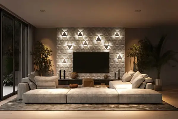 Nowoczesna ściana w salonie z geometrycznym wzorem i podświetleniem, przed którą stoi duża, wygodna sofa.