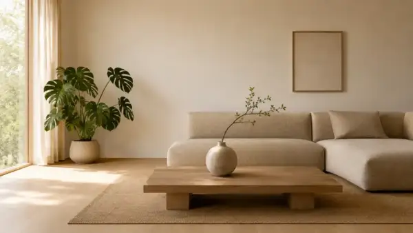 Salon w stylu japandi: beżowa sofa, drewniany stolik z wazonem, duża monstera i obraz na ścianie.