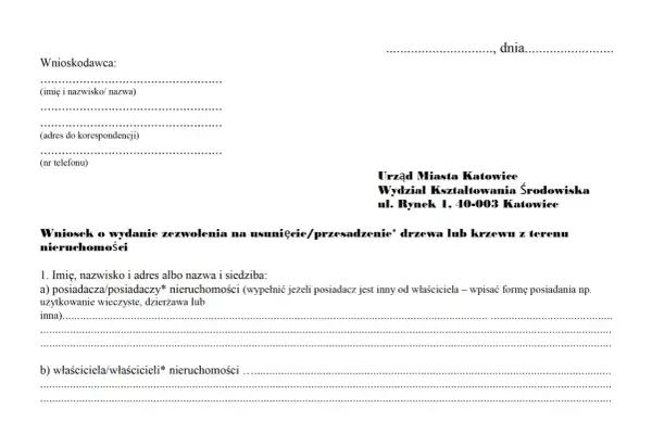 Wniosek o zezwolenie na wycinkę drzew lub krzewów z terenu nieruchomości. Formularz do wypełnienia przez wnioskodawcę.