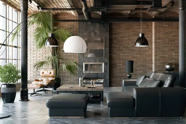 Nowoczesny salon w stylu industrialnym z ceglaną ścianą, czarną skórzaną kanapą, fotelem i drewnianym stolikiem kawowym.